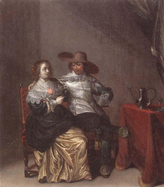 Laurentius de Neter An interior with a soldier makng advances to a lady,deside a table draped with a red cloth,with a pewther jug and an upturned roemer on a pewter dish Sweden oil painting art
